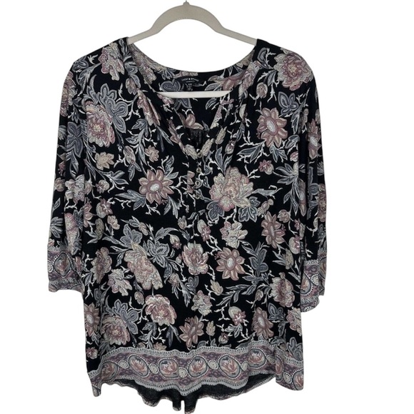 Lucky Brand Tops - Lucky Brand Womens Boho Top 1X Black Floral 3/4 Sleeve Cottagecore Peasant